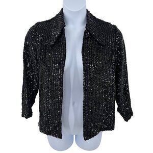 VINTAGE ELINOR GAY BLACK SEQUIN OPEN FRONT BLAZER JACKET - M